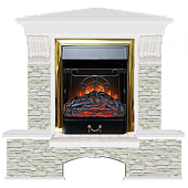 Каминокомплект Glenrich Бостон К Грот однотонный угловой (белый)+Majestic Brass